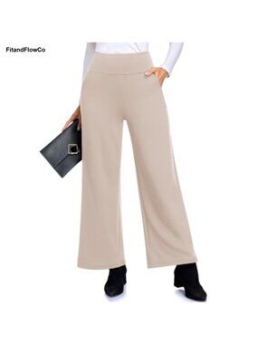 Fleece Lined Wide Leg Pants High Waisted Pull On Trousers Pockets